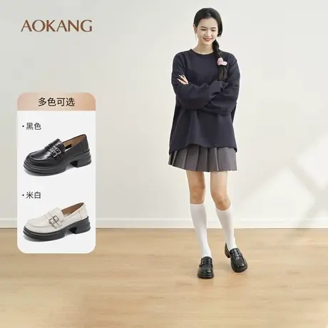 奥康 女鞋2025春季乐福鞋真皮舒适粗跟英伦风百搭套脚厚底鞋图片