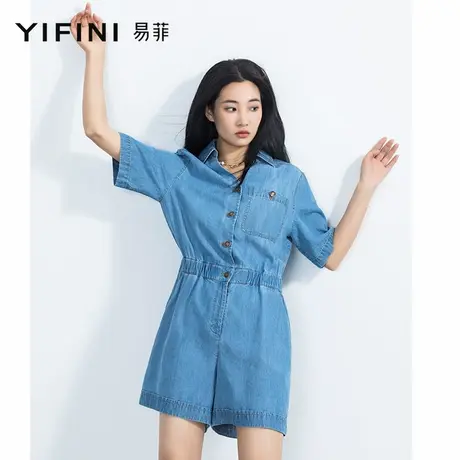 Yifini/易菲宽松短袖衬衫款天丝牛仔连体衣女夏季新款短裤薄商品大图