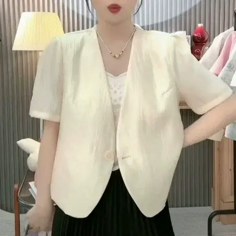 休闲小西装外套女春夏季外搭罩衫短款开衫珠光面料短袖西服上衣潮商品大图