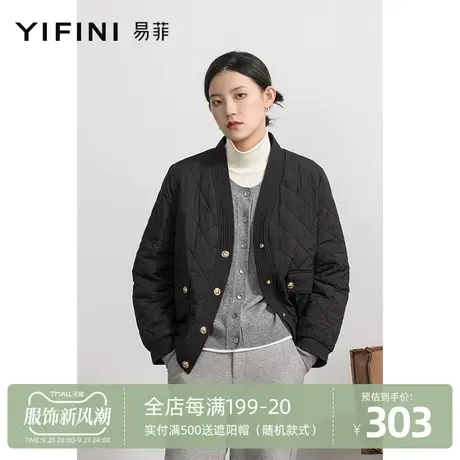 Yifini/易菲韩版棉服女秋冬新款单排扣外套V领开衫短款棉衣商品大图