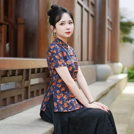 筠雅夏季新款唐装上衣女中式改良修身减龄复古女士斜襟短袖25J206商品大图