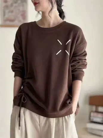 圆领卫衣女2023春秋装新款复古宽松休闲时尚抽绳套头T恤长袖上衣商品大图