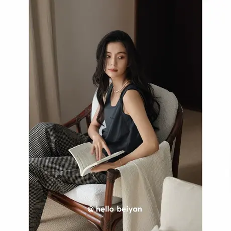 贝妍凉感莫代尔棉睡衣女款夏季性感无袖长裤套装简约可外穿家居服商品大图
