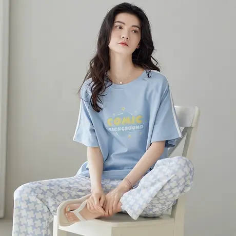 秋鹿【商场新款】睡衣女士夏季爆款纯棉短袖七分裤可外穿家居服商品大图