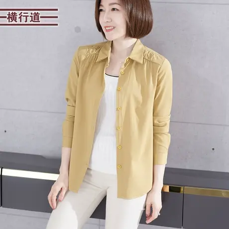 2023冬季新款纯色翻领褶皱长袖衬衫女装休闲宽松大码女装衬衣外套图片