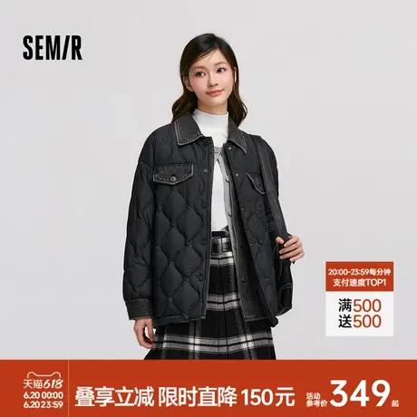 [商场同款]森马羽绒服女中长款宽松防水2024新款冬季拼接外套黑色商品大图