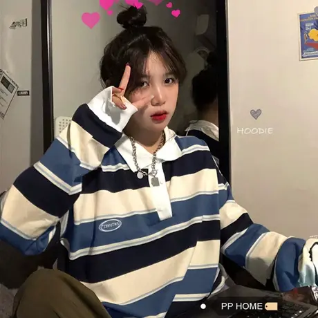 纯棉hiphop美式复古长袖T恤女ins潮宽松慵懒风薄款街头polo领卫衣商品大图