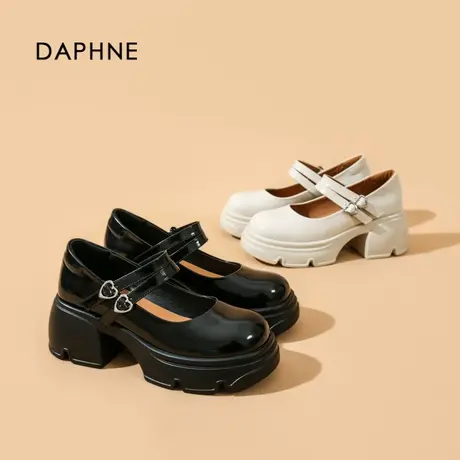 Daphne/达芙妮2025夏季新款厚底增高小皮鞋女一字带白色乐福鞋女图片
