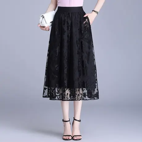 黑色网纱半身裙女2025夏季新款松紧腰a字裙中长垂感显瘦大摆伞裙商品大图