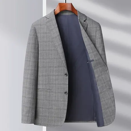 春季新款休闲西装男士单件上衣中老年爸爸装灰色格子小西服外套薄图片