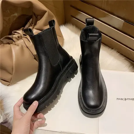 烟筒英伦风马丁靴女2023年秋季新款单靴短靴厚底中筒瘦瘦切尔西靴商品大图