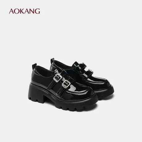 奥康 女鞋春秋新款厚底乐福鞋女款小个子增高黑色小皮鞋图片