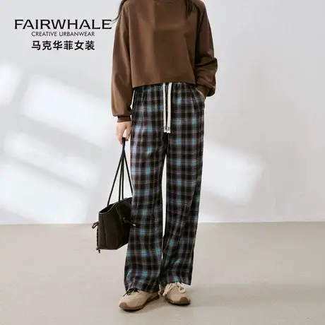 马克华菲复古格子直筒阔腿裤女2025新款高腰慵懒宽松春秋休闲长裤图片