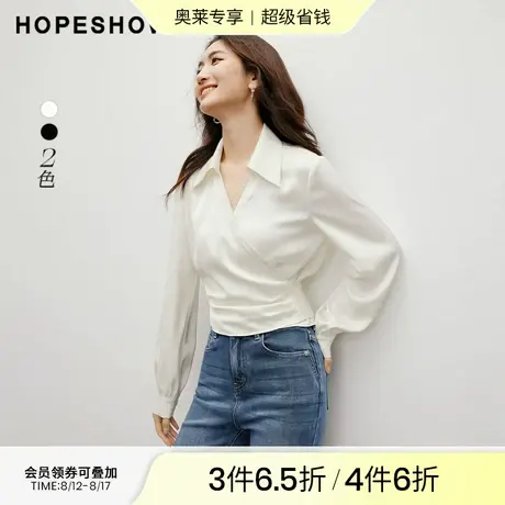红袖设计感气质正肩V领衬衫hopeshow2024秋新款淑女气质长袖上衣图片