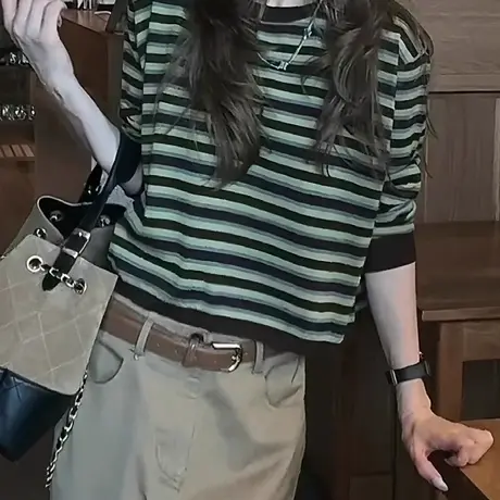 大码胖MM美式条纹显瘦长袖t恤女2025秋季内搭打底衫超火减龄上衣商品大图