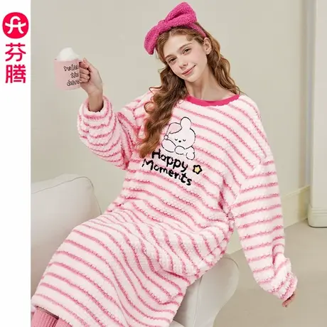 芬腾睡裙女秋冬季珊瑚绒长袖睡衣裙可爱布朗熊保暖加绒加厚中长裙商品大图