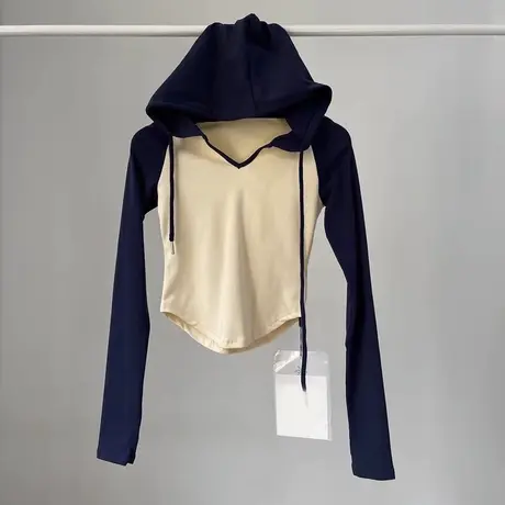 撞色连帽长袖卫衣女春秋百搭修身显瘦短款小个子辣妹露脐上衣服潮图片