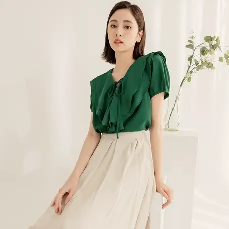 桔熊夏季通勤纯色双层荷叶边V领宽松泡泡袖上衣女装大码AB18334图片