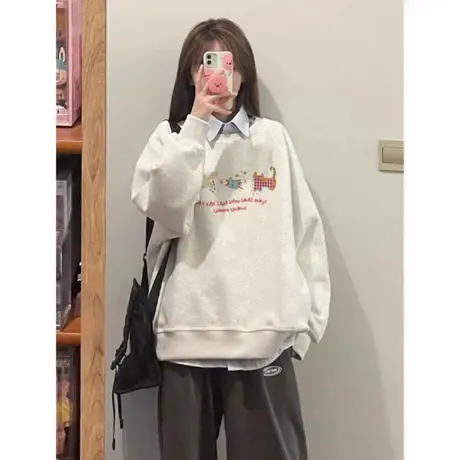 美式慵懒超好看猫咪卫衣女秋冬加绒2025新款初中生韩系穿搭上衣服商品大图