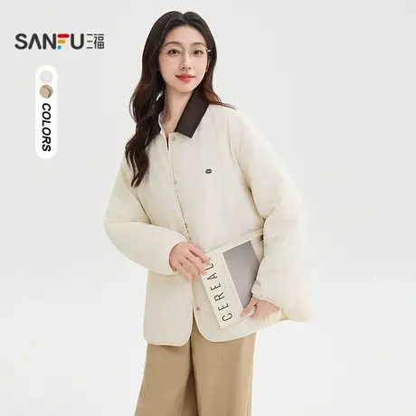 三福棉衣2025冬季撞色皮翻领小标葫芦格宽松外套女装845251商品大图