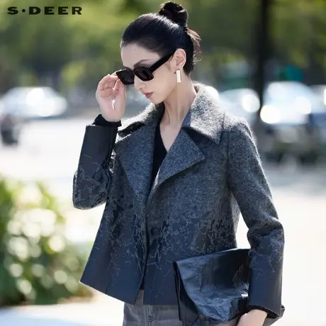 sdeer圣迪奥冬季女装个性立领龟裂撞色毛呢短款大衣S24482604商品大图