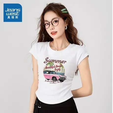 LW真维斯女装2025夏季新款 美式复古印花收腰显瘦修身短袖T恤商品大图