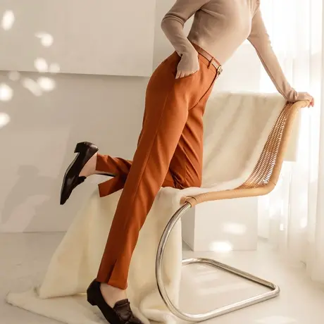 桔熊秋冬季通勤长裤子女舒适修身高腰直筒开衩西装裤大码BA6867图片