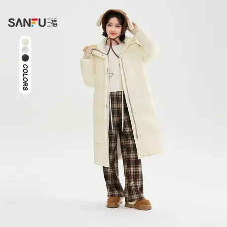 三福羽绒服2025冬季长款宽松束口袖子保暖连帽外套女装505215商品大图