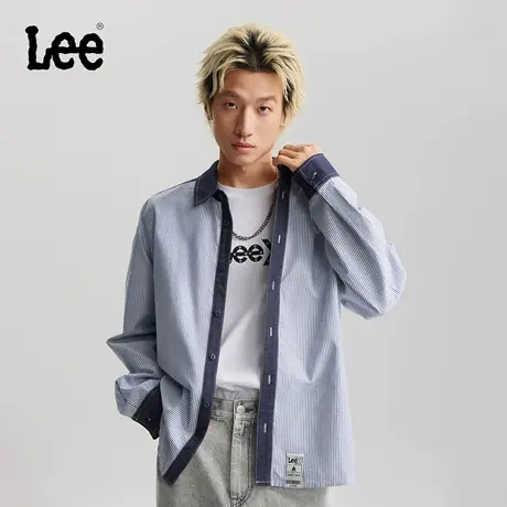 Lee26春夏新品宽松版仿牛仔布领口设计条纹拼接海军蓝男长袖衬衫图片