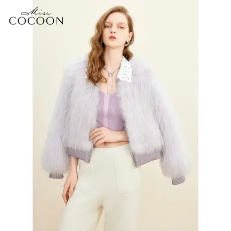 missCOCOON千金玛德琳优雅23冬新款女气质夹克款蕾丝翻领皮草外套商品大图