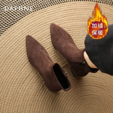达芙妮尖头短靴女2026新款冬季高跟鞋子绒面弹力靴子加绒瘦瘦靴女商品大图