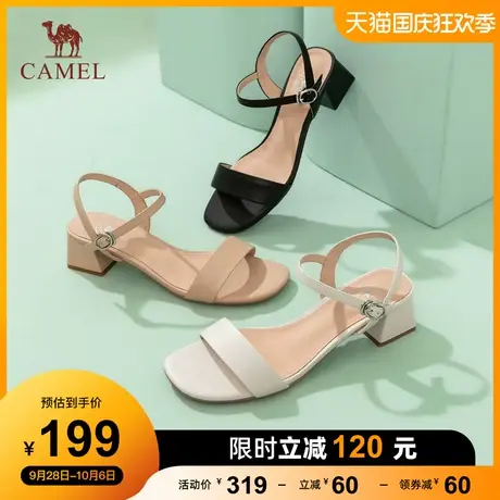 骆驼女鞋2023夏季新款真皮一字带休闲高跟鞋露趾粗跟时装凉鞋女图片