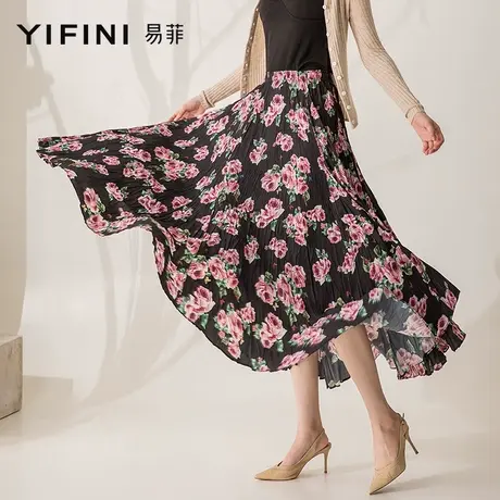 Yifini/易菲A型大摆印花半身长裙女春秋新款休闲通勤显瘦裙子图片
