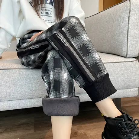 黑白格加绒工装裤子女冬季新款宽松休闲高腰显瘦加厚阔腿束脚靴裤商品大图