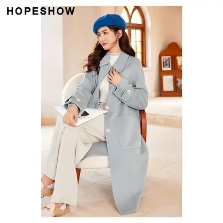 红袖冬季2022新款女装 单排扣插肩袖翻领双面呢大衣90122350803图片