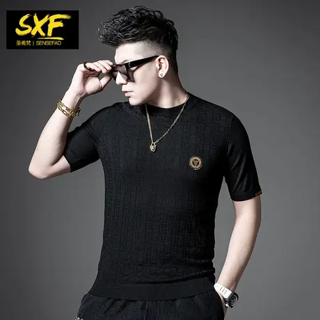SXF圣希梵毛衣男短袖 2021秋季新款毛线衫刺绣修身打底男士针织衫图片