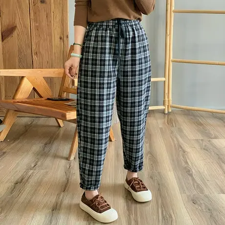 dza 高腰显瘦加厚加绒格子裤女冬季外穿纯棉哈伦裤宽松阔腿直筒裤图片