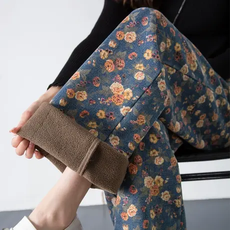 超厚加绒牛仔裤女2023年新款秋冬季印花裤子今年流行直筒裤阔腿裤商品大图