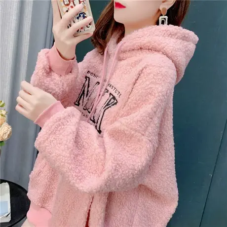 羊羔毛卫衣女2021年新款秋冬连帽加绒加厚宽松外套学生上衣慵懒风商品大图