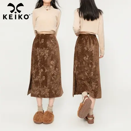 KEIKO 温婉新中式提花丝绒包臀半身裙2023秋冬高级感开叉中长裙子图片