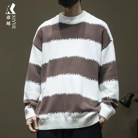 希越日系条纹针织毛衣男冬季新款宽松潮牌大码男生圆领外套打底衫商品大图