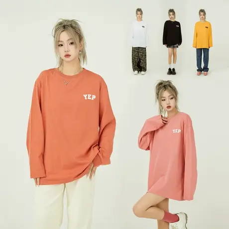 yep字母长袖t恤女2023新款春秋纯棉休闲叠穿内搭上衣打底衫潮牌商品大图