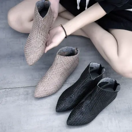 Artmu阿木复古手工编织女靴子定制尖头平底踝靴真皮短靴新款商品大图