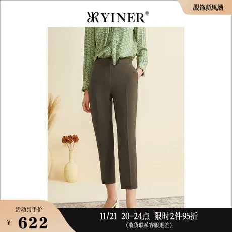 YINER音儿女装秋季女装咖啡色弹力高腰显瘦休闲西装裤商品大图
