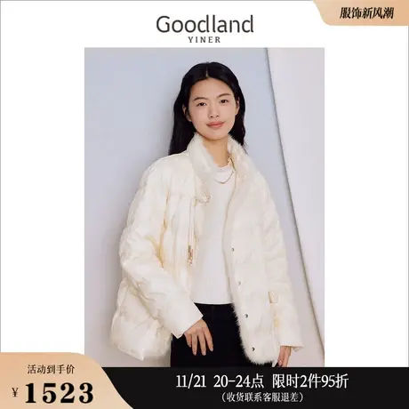 【新中式】Goodland美地女装冬季轻盈保暖刺绣水貂毛包边短羽绒服商品大图