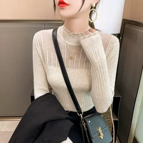 22108新款半高领毛衣女蕾丝打底衫套头百搭修身显瘦针织衫女商品大图