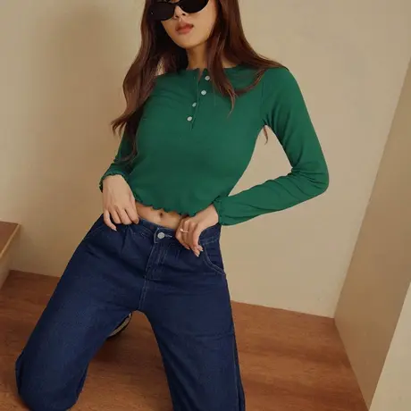 桔熊秋冬休闲木耳边长袖螺纹衫通勤合身短款上衣女装大码AB17623商品大图