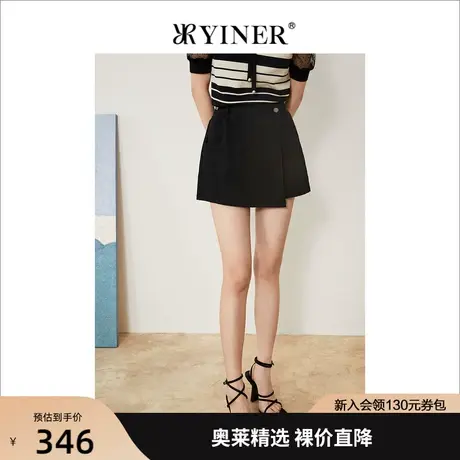 YINER音儿女装2022夏季新款黑色不规则高腰显瘦牛仔短裤商品大图