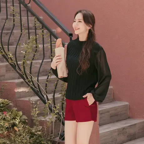 桔熊秋冬季性感坑条毛衣拼接微透雪纺泡泡袖微胖上衣女大码FA2251商品大图