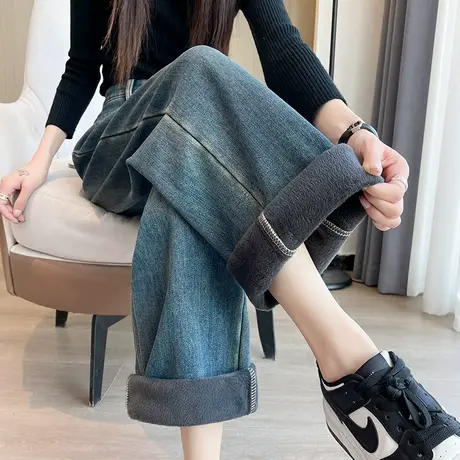 高腰复古阔腿牛仔裤女加绒加厚春秋季双口袋宽松显瘦直筒拖地裤子商品大图